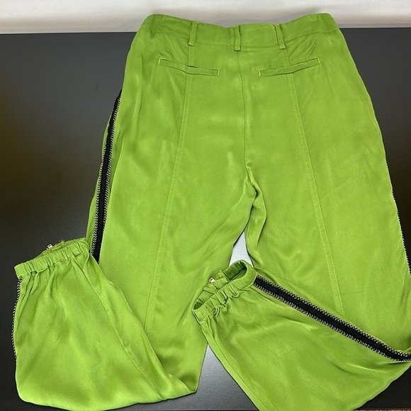 Anthropologie Deandra Green Tuxedo Satin Joggers 4 Ankle Zip Viscose High Rise - Picture 6 of 16